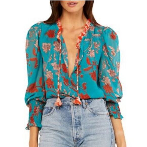 Misa Tops - MISA Los Angeles Siena Top Floral Blouse Teal Long Sleeve Size Small